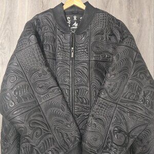 Al Wissam Men’s Embossed Genuine Leather Bomber Jacket Big & Tall, Tribal Design
